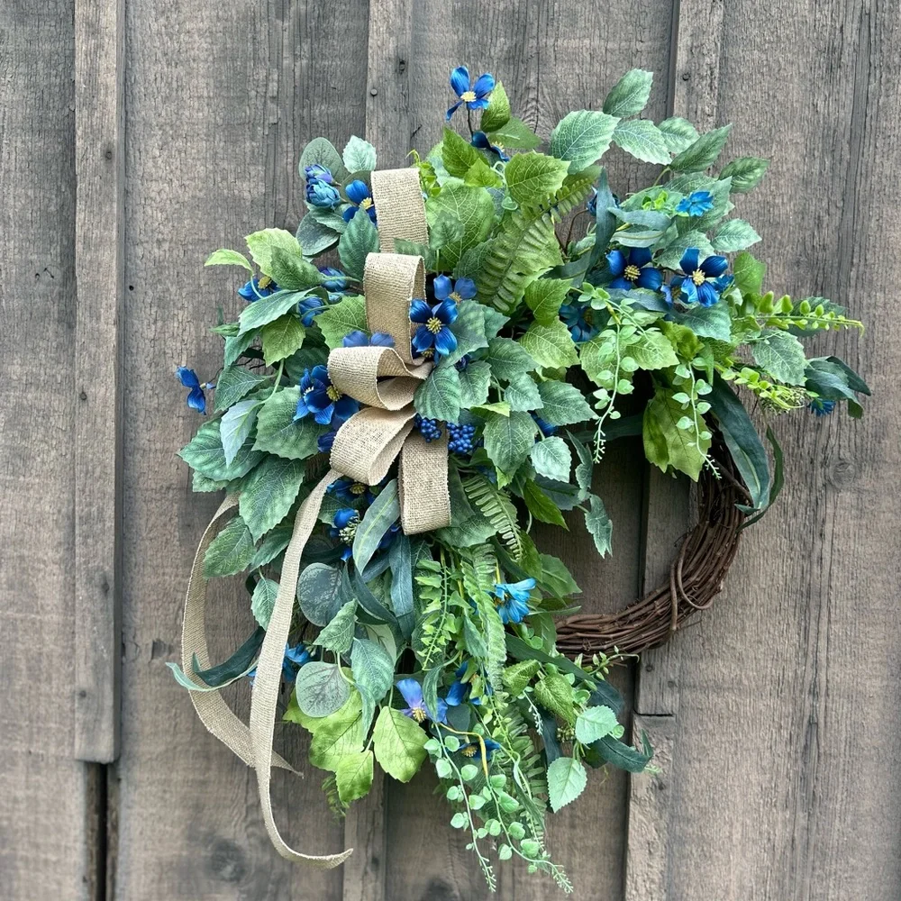 Elegant Green and Blue Floral Wreath for your front door, porch - Picture 3 of 8